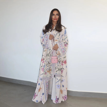 Eid Frauen Abaya Blume Drucken Offene Strickjacke Schal Party Kleid Muslimischen Langarm Jalabiya Ramadan Abayas Kaftan Arabischen Lange Robe.