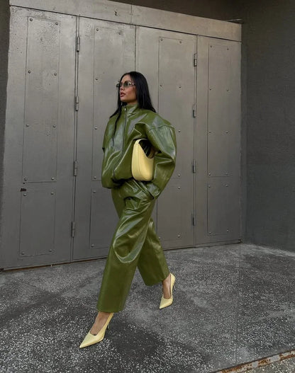 Chic Stand Collar Leather Long Skirt Sets Women Long Sleeve Jackets Spliced Solid Skirts 2025 Autumn Lady Y2k Outfits dress