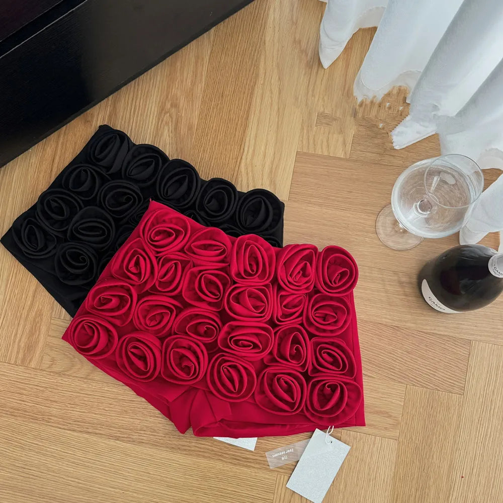 Three-dimensional decoration floral shorts y2k High street Red High waist mini skirt shorts Design Sexy  Women Clothing ﻿.