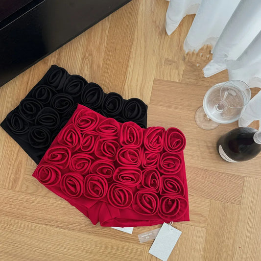 Three-dimensional decoration floral shorts y2k High street Red High waist mini skirt shorts Design Sexy  Women Clothing ﻿.