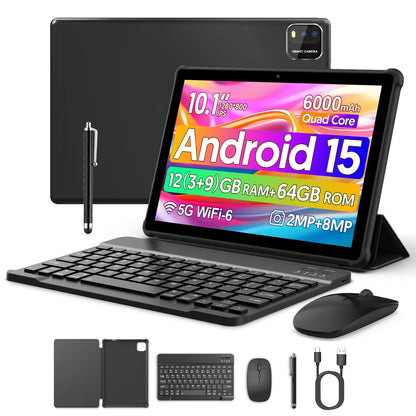 BAKEN 10-inch tablet with SIM card slot, Android 15, Wi-Fi, GPS, Bluetooth, 64GB storage, dual speakers, USB-C port.