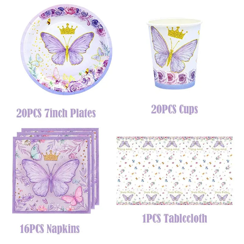 Schmetterling Geburtstag Party Dekoration Mädchen Einweg Geschirr Set Pappteller Tasse Ballon Tischdecke Schmetterling Thema Liefert
