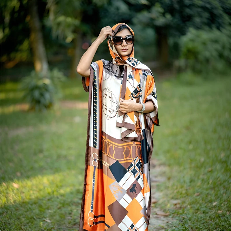 New Malaysian Muslim Print Dress Women Loose Arabic Long Maxi Dress Summer Sunscreen Cool Abaya Beach Hijab Dress Plus Size.