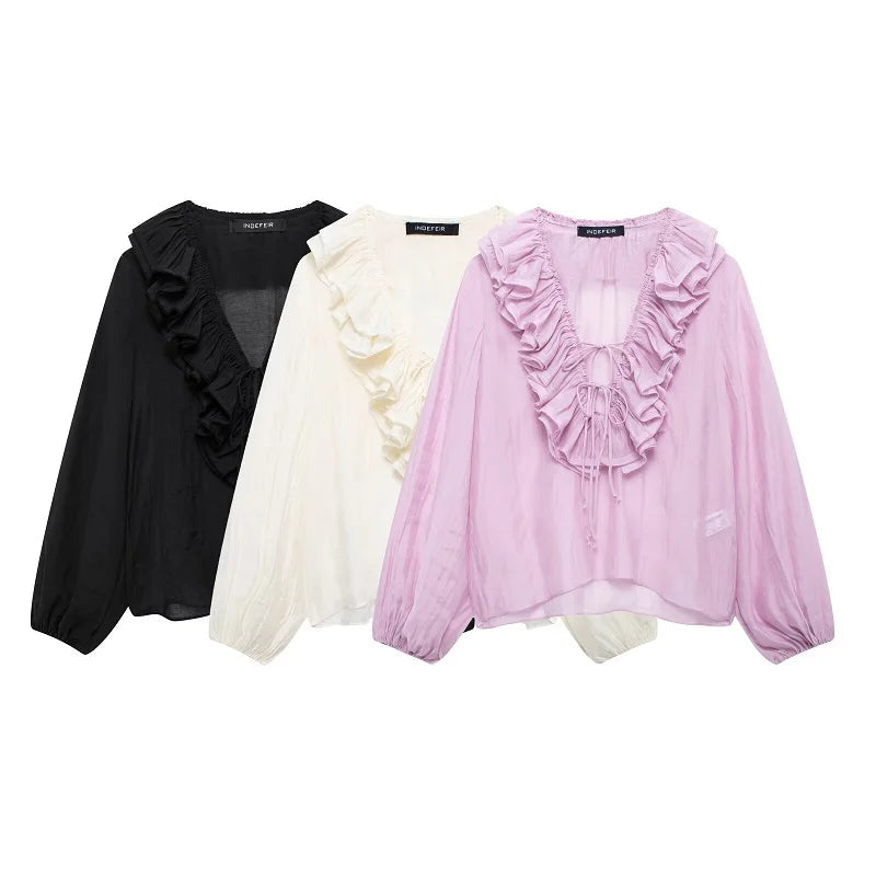 MUJER 2025 Ruffle Blouses for Women Semi Sheer Casual Blouse Woman Pleated Summer Shirts and Blouses Women Long Sleeve Women Top.