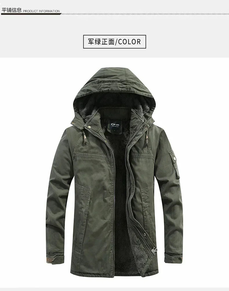 Parkas Coat Military Windproof Hooded Jackets Man Washed Cotton Thick Fleece Casual New  Winter Warm Varsity Jacket Men.