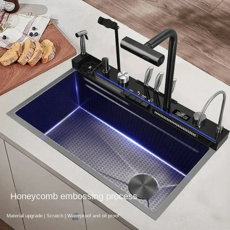 Großes Einzelschlitz-Wasserfallspülbecken aus Edelstahl 304, Digitalanzeige, geprägtes Waschbecken, Haushaltswaschbecken