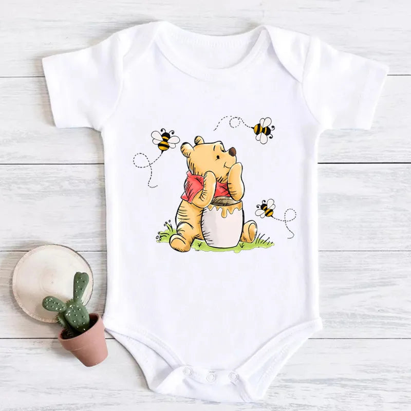 Kawaii Winnie the Pooh Bär und Biene Druck Baby Mädchen Kleidung Kurzarm Baby Body Baumwolle Strampler Neugeborenen Baby Sommer Kleidung.