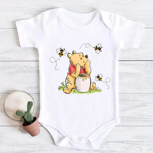 Kawaii Winnie the Pooh Bär und Biene Druck Baby Mädchen Kleidung Kurzarm Baby Body Baumwolle Strampler Neugeborenen Baby Sommer Kleidung.