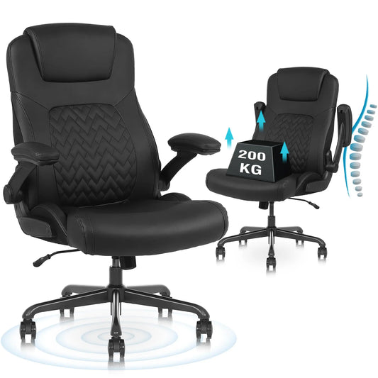 Ralex-Stuhl Ergonomischer Bürostuhl mit 200 kg Tragkraft, PU-Leder-Schreibtischstuhl mit Lordosenstütze und hochklappbaren Armlehnen,