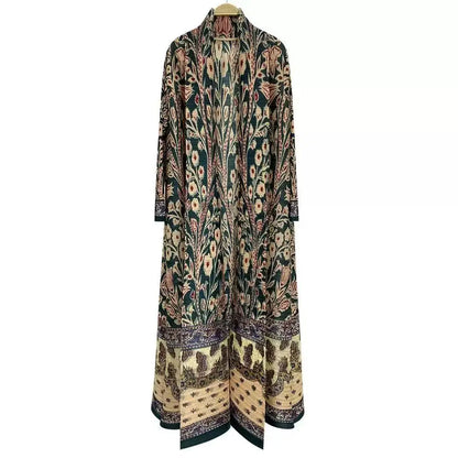 Abaya Miyake Pleated Printed Robe Jacket Arabian Dubai Style Women's Long Sleeve Conservative Demure Muslim Trench Coat 55inches