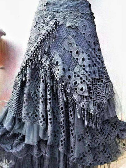 Elegant Lace Asymmetrical Skirt Women Vintage Y2K Boho High Waist Hollow Mesh Patchwork Layered Maxi Skirts Lady Holiday Outfits.