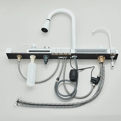 Multifunktionaler digitaler fliegender Regenhahn, weiß, doppelter Wasserfall, Edelstahl-Waschbecken, Küchenspüle, geprägt, großer Einzelschlitz