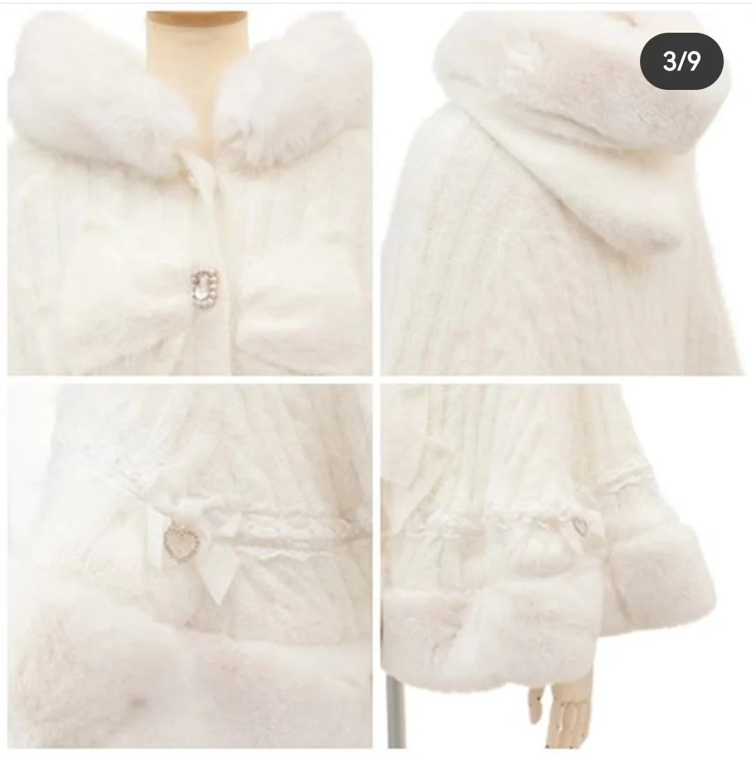 Japanische Liz Süße Prinzessin Faux Kaninchen Fell Cape Mantel Frauen Herbst Winter Pelz Jacke Lose Uhr Strass Bogen Mit Kapuze Mantel.
