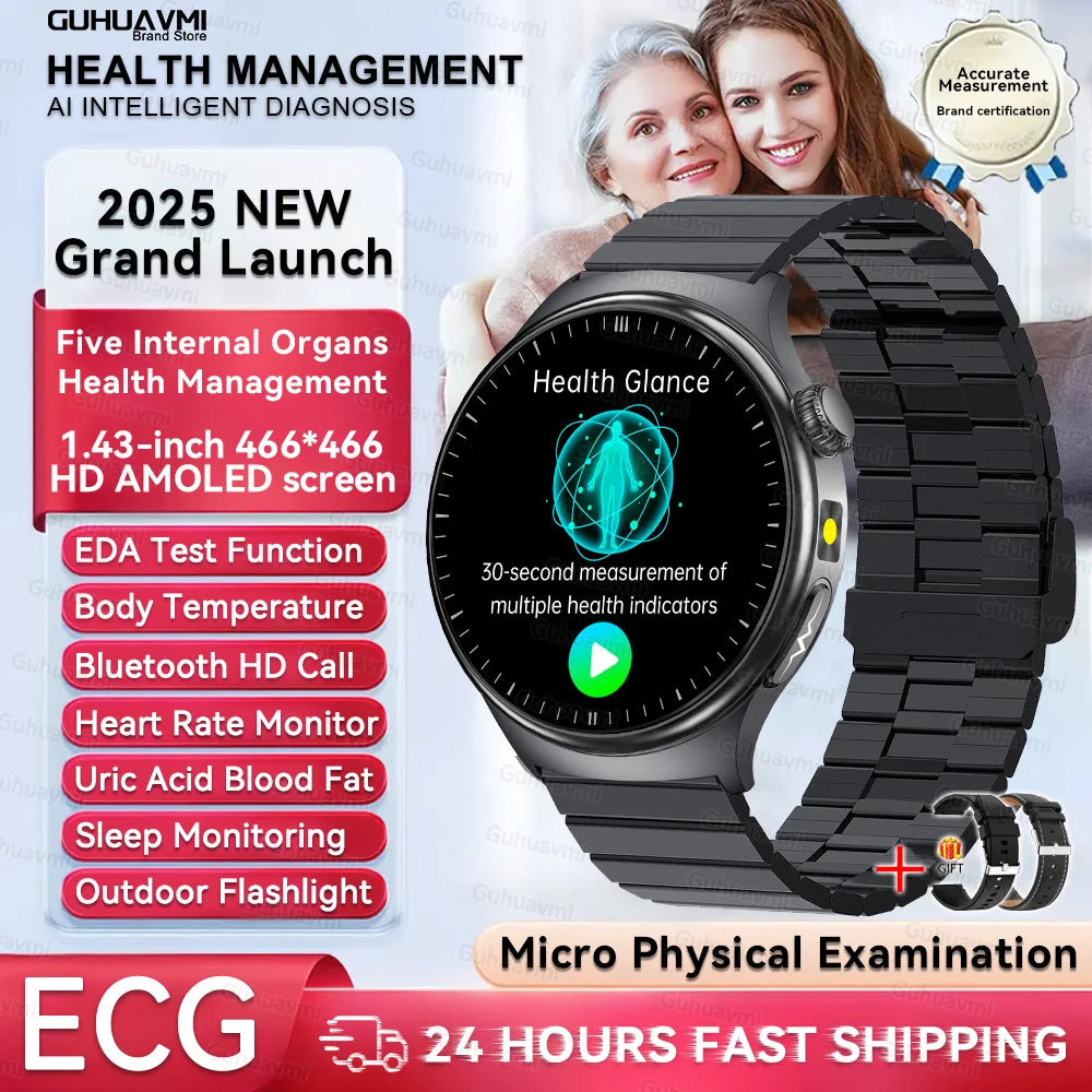1.43'' HD Sapphire Smart Watch Bluetooth Call Blood Fat Uric Acid Heart Rate Body Analysis Five Organs Health Smartwatch Men Wom