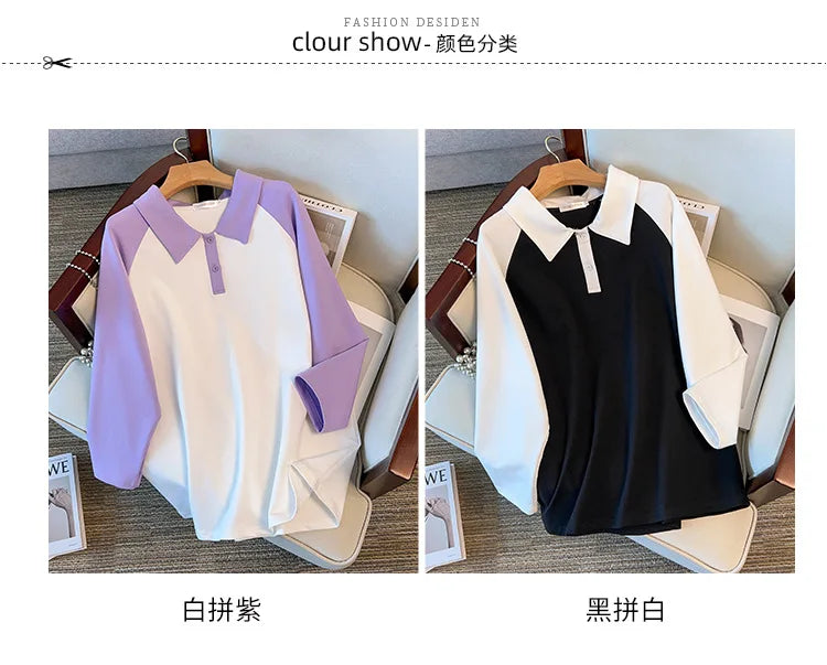 170kg plus size Damen büste Frühling Herbst loser Polo kragen kontrastieren des Sweatshirt schwarz lila 4xl 5xl 6xl 7xl 8xl 9xl.