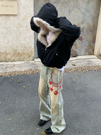 American Retro Woolen Collar Hooded Cotton Jacket Winter Thick Plush Top Men Street Hip-Hop Gothic Harajuku Oversize Jacket Coat.