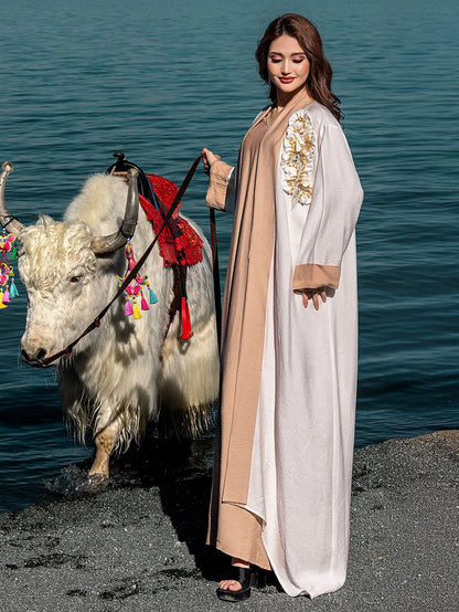 Ramadan Eid White Kimono 2 Piece Abaya Damen Dubai Luxury Set Islam Muslim Modest Dress Women Kebaya Kaftan Robe Femme Musulman.