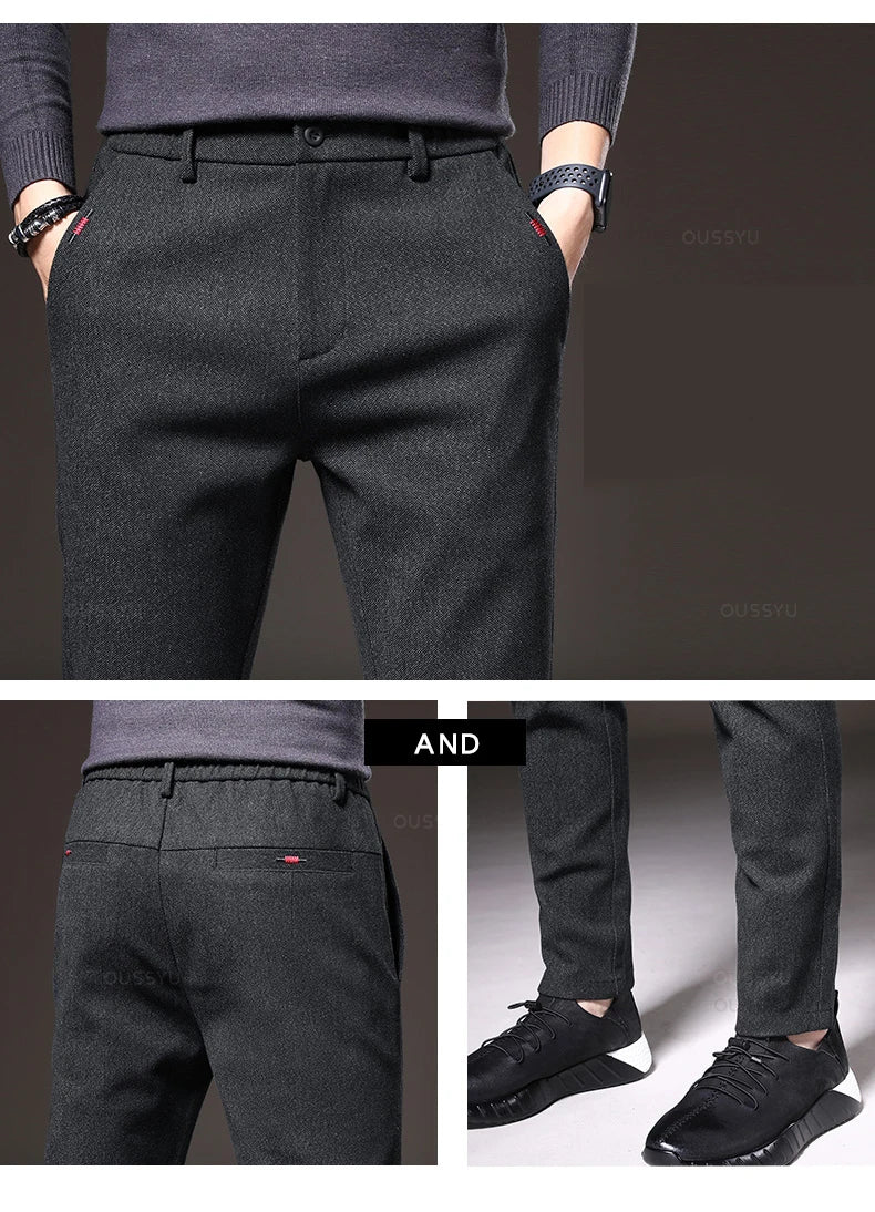 Autumn Winter Men's Brushed Fabric Casual Pants Business Fashion Slim Fit Stretch Thick Gray Blue Black Cotton Trousers Male.