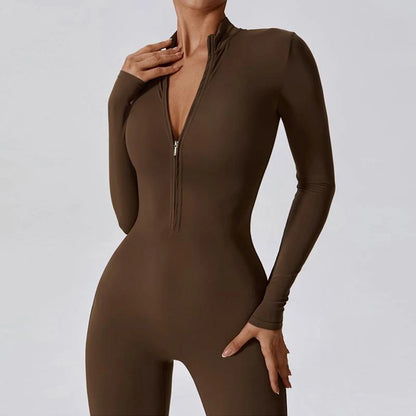 Womens Jumpsuits Long Sleeve Yoga Slim Fit Stretch One Piece Romper Sexy Fitness Female Basic Sportwears Tight Zipper Ladies