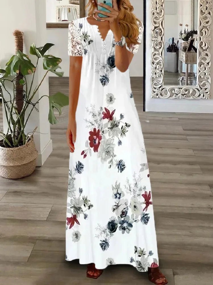 Frühjahr/Sommer Mode frauen Kurzarm Gedruckt Spitze Kleider Elegante frauen Weiß V-ausschnitt Slim Fit Party Lange vestidos.