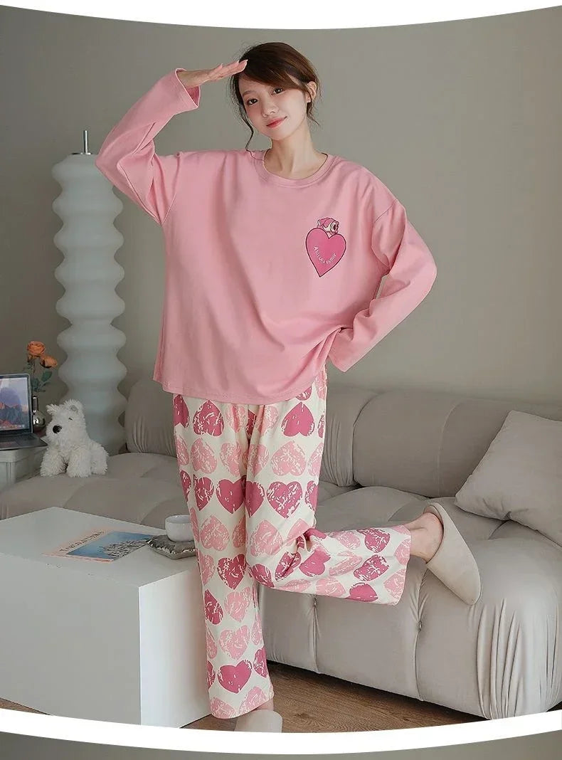 2PCS/Set Women Big Size with Chest Pads Pajamas Spring Autumn and Winter Long-Sleeved Headset Loose Homewear Can Be Worn Outside.
