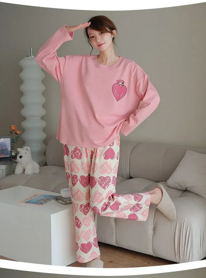 2PCS/Set Women Big Size with Chest Pads Pajamas Spring Autumn and Winter Long-Sleeved Headset Loose Homewear Can Be Worn Outside.