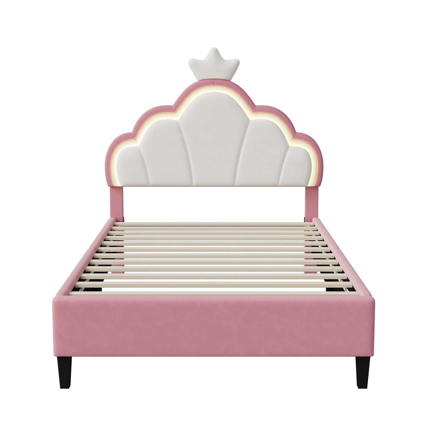 Anajqaqia 90×200 cm gepolstertes Einzelbett, Kinderbett mit LED-Leuchten, mit Lattenrost und Kronenkopfteil, Samt