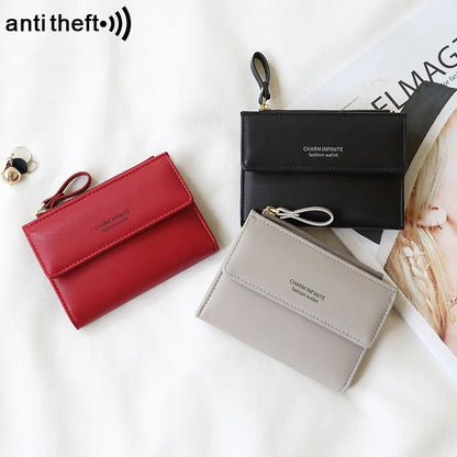 RFID Anti-Theft Short Card Bag for Women, Brush, PU, Solid Color, Zipper Buckle, Multi-functional Fashion, Small Purse.
