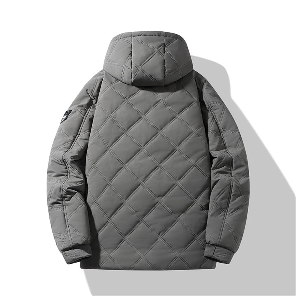 Winter Windproof Thermal Diamond-Pattern Fleece-Lined Thickened Cotton Coat Business Casual Hooded Jacket Fashionable Menswear