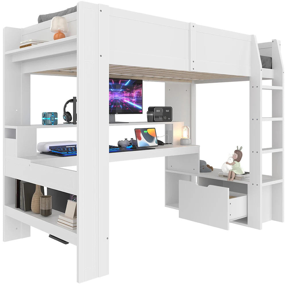 KOMHTOM Gaming Hochbett, Weiß, mit Schreibtisch, LED-Leuchten, Schublade und Regalen - Ohne Matratze
