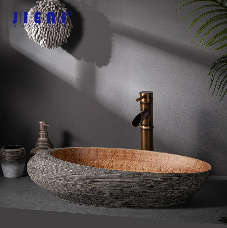 JIENI Art Keramik-Badezimmer-Waschbecken-Set, ovales Waschbecken, antikes Messing, Bambus-Wasserhahn, Pop-Up-Abfluss-Kombination, hochwertige Waschbecken aus Porzellan