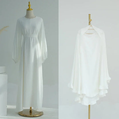 Muslim Woman Abaya with Khimar 2 Piece Set Crinkled Fabric Ruffles Hijab with Irregular Prayer Dress Islam Dubai Turkey Ramadan