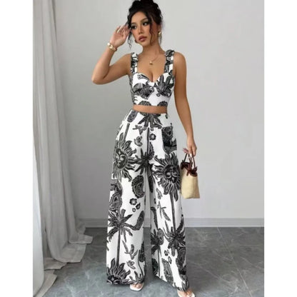 Sexy Strapback Halter Tops Long Pants Female 2-piece Set Summer Fashion Printed Wide-leg Pocket Trousers Elegant Women's Suit.