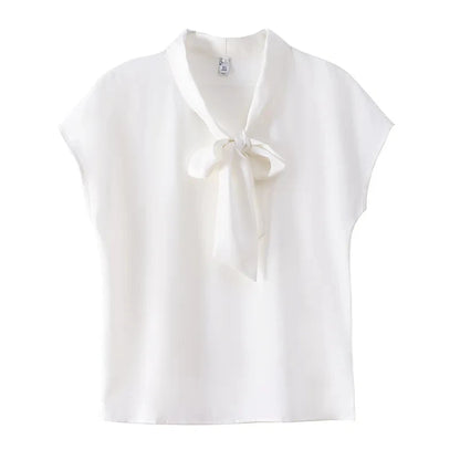 Bow Tie Blouse Shirt for Women OL Elegant Blouses Satin Womens Tops Silk Female Clothing 2023 Korean Fashion Short Sleeve Blouse.