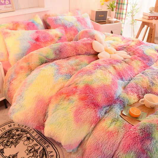 3Pcs Super Shaggy Coral Fleece Warm Cozy Princess Bedding Set Mink Velvet Duvet Cover Set Bed Comforter Cover Blanket Pillowcase.