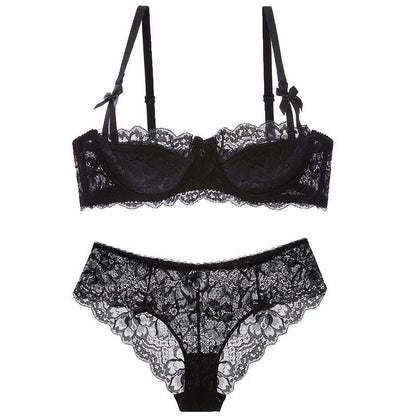 French Coquette Lace Bra Set Bow Straps Minimizer Large Bust Sheer Half Cup Balconette Push Up No Spill Underwire Sexy Lingerie