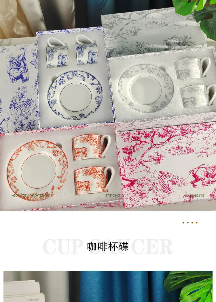 Red, Blue, Gray Tiger Series  Animal Images Bone Porcelain Coffee Cup Plate European Afternoon Tea Cup and Saucer Set Gift Box.