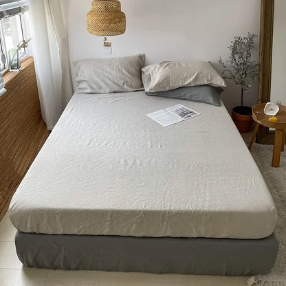 Pure Linen Fitted Sheet 35cm Deep Pocket Bed Mattress Cover Solid Color Non-slip Fixed Sheet Cover Dust Protective Bedspread.