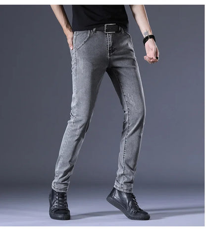 Slim Fit Men's Jeans Casual Elastic Korean Style Autumn Grey Trendy Long Pants Versatile Slim Legged Casual Trousers.