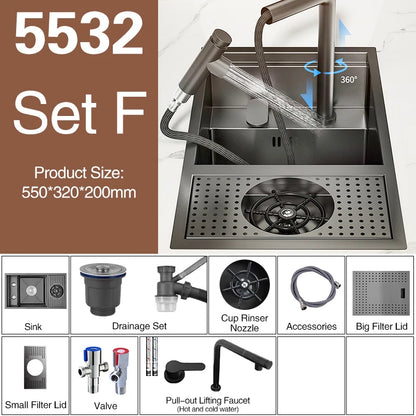 ASRAS Nano Black Small Size Kitchen Sink Cup Washer Hidden Bar Counter Cover Concealed Single Bowl Sinks With Lifting Faucet