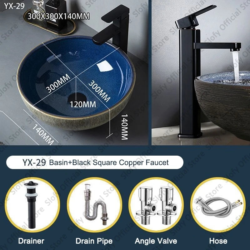 Vintage Elegant Countertop Washbasin Classic Blue Art Hotel Ceramic Basins Sink Multiple Styles Outdoor Balcony Bathroom Sinks