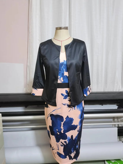 Female Suit 2024 Spring Autumn New Solid Three Quarter Sleeve Top And Floral Print Package Hip Dress Two Piece Sets Fashion Suit.