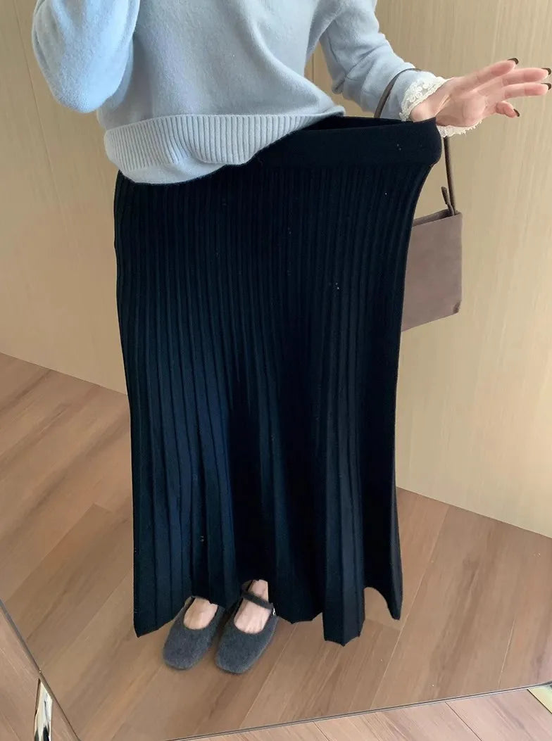 2026 Khaki Cashmere Knitted Midi Skirt for Women, Loose Fit, Draped, Slimming A-Line Pleated Skirt for Autumn and Winter
