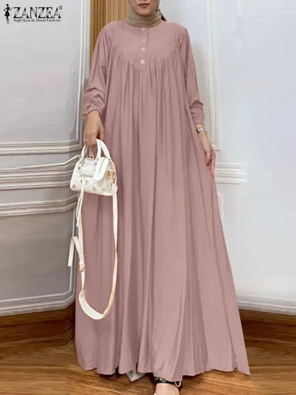Women Autumn Muslim Long Dress Abaya Long Sleeve Hijab Vestidos Islamic Robe Femme ZANZEA Vintage Ramadan Maxi Sundress Kaftan.