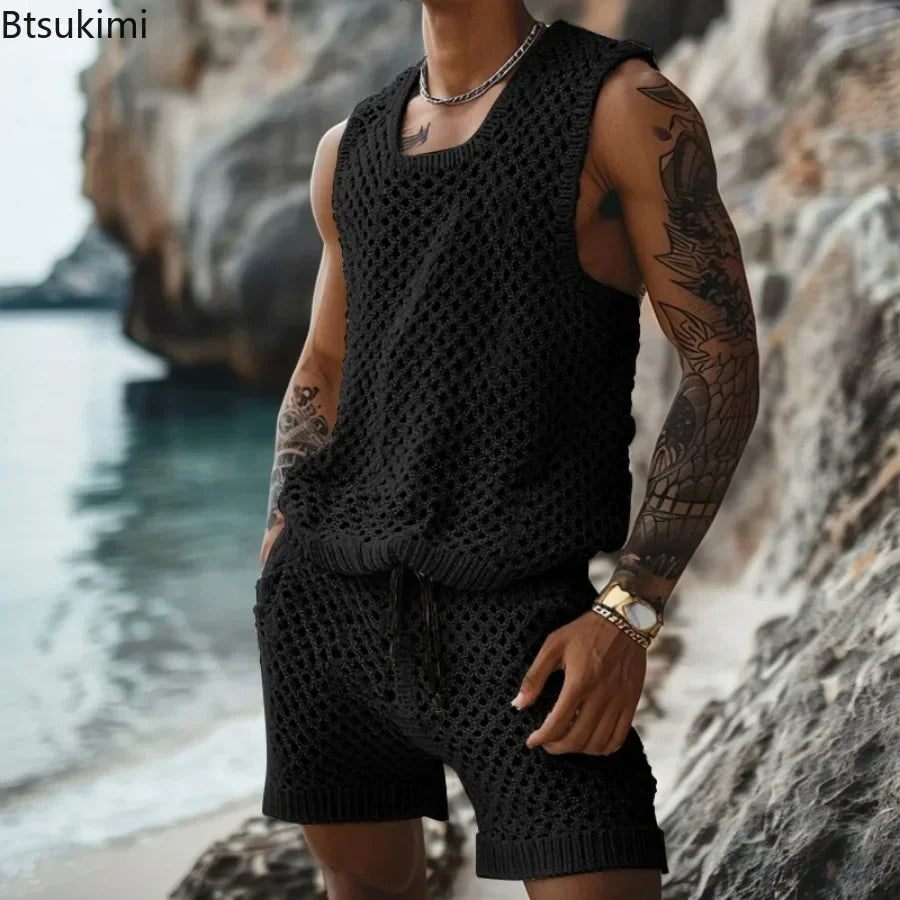 2025 Men's Summer Casual Knit Two-piece Sets Fashion Solid Loose Tank Tops and Shorts Beach Sport Suit Men Hollow Out Streetwear.