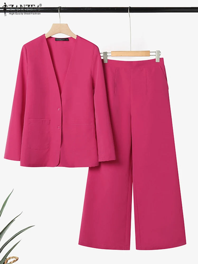 ZANZEA Autumn Fashion 2 Pieces Sets Women V-Neck Long Sleeve Blazer & Wide Leg Pants 2pcs Suits Office Commuting Solid Pant Sets.