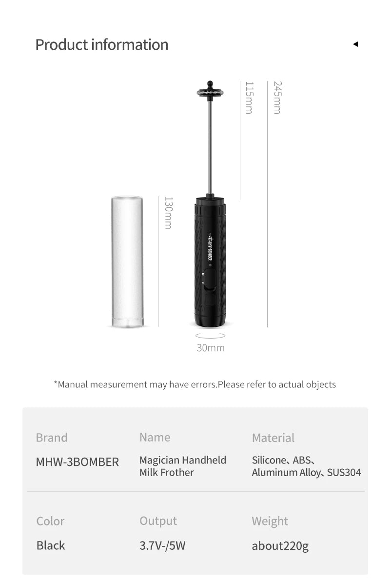 MHW-3BOMBER Official Electric Milk Frother Portable Home Barista Tools Kitchen Accessories.