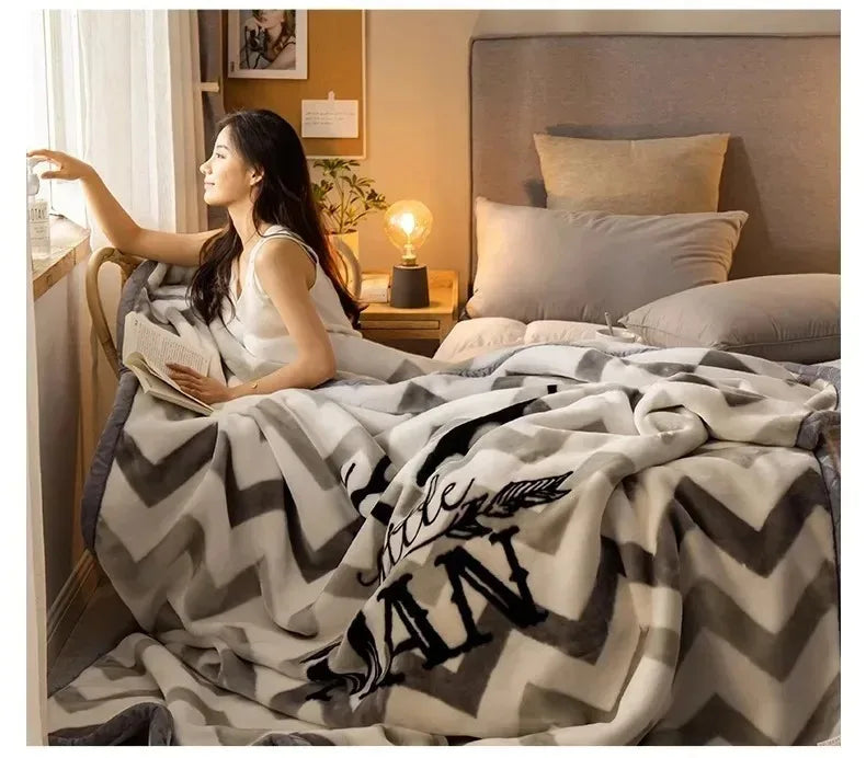 Modern Geometric Cartoon Printed Bedroom Blanket Coral Fleece Dormitory Quilt Thicking Double Layer Multi Purpose Bedding Sheets