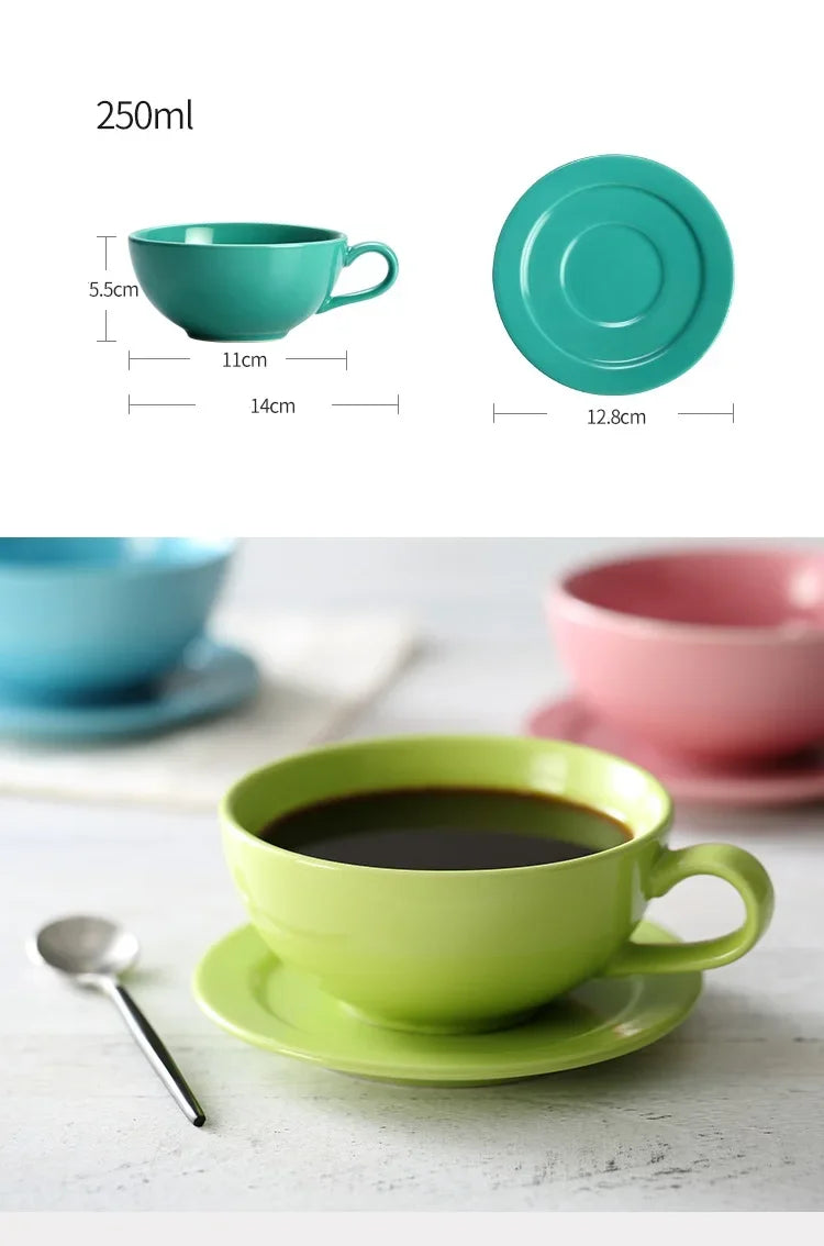 New Design Colourful Coffee Set Coffee Cup and Saucer Underglazed Low Procelain Cappuccino Latte Cup 250ml.