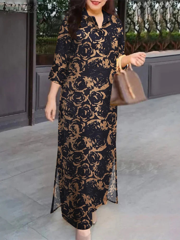 ZANZEA Blumendruck, lässig, lang, Vestidos, reine Baumwolle, Vintage-Stil, Schlitz am Saum, 2024, Herbst-Hemdkleid, 3/4-Ärmel, Damen-Urlaubs-Maxikleid.